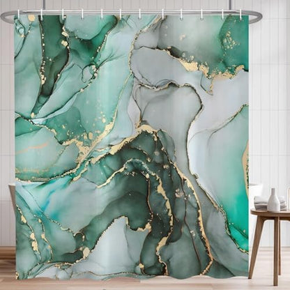 Green Marble Shower Curtain, Modern Abstract Luxury Green Gold Ink Texture Watercolor Art Bathroom Curtains Ombre Machine Washable Waterproof Fabric Bathtub Curtain Set with Hooks 72" Wx84 L