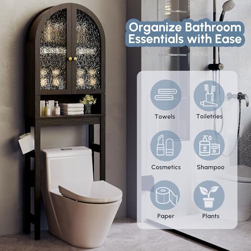 HMstone Over The Toilet Storage Cabinet, Arched Bathroom Organizer and Storage with Acrylic Doors and Adjustable Shelf, Space Saver Freestanding Bathroom Modern Storage Cabinet Over Toilet Dark Brown
