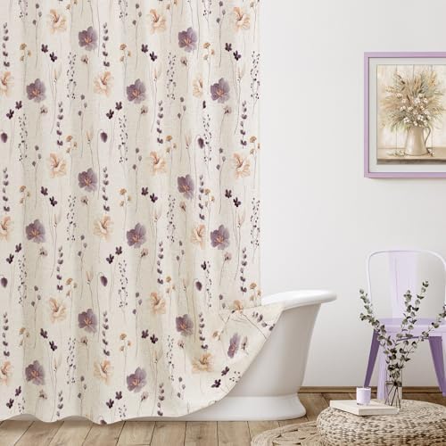 Gibelle Plum Linen Watercolor Floral Fabric Shower Curtain, 72x72