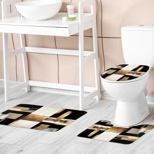 Black Gold Abstract Modern Oil 4Pcs Bathroom Shower Curtain Set with Rugs