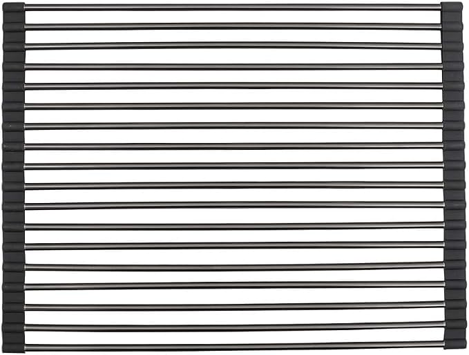 Strictly Sinks Stainless Steel Roll Up Dish Drying Rack – Black 16 Inch Over The Sink Drying Rack Ideal for Apron Workstation Sinks Only – Multipurpose Foldable Dish Rack (16-3/8″ x 13″ x 3/8″)