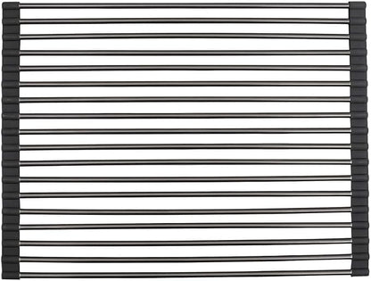 Strictly Sinks Stainless Steel Roll Up Dish Drying Rack – Black 16 Inch Over The Sink Drying Rack Ideal for Apron Workstation Sinks Only – Multipurpose Foldable Dish Rack (16-3/8″ x 13″ x 3/8″)