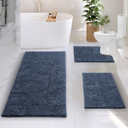 Hearth & Harbor Bathroom Rugs, Chenille Bath Mat - Machine Washable Bath Mats for Bathroom Non-Slip Backing Rubber, Quick Dry Mat - Navy Blue Bath Rug, 17x24-26x44-20x24