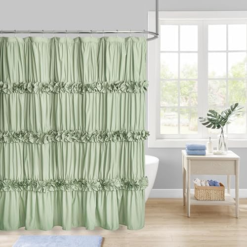 Homechoice Decor Sage Ruffle Shower Curtain, Handcrafted Bow Tie