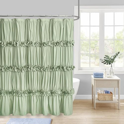 Homechoice Decor Sage Ruffle Shower Curtain, Handcrafted Bow Tie