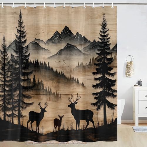Rustic Deer Shower Curtain, Cabin Country Wood Lodge Hunting Wild Animal Vintage Farmhouse Hunting Camping Camper RV Bathroom Decor Polyester Fabric Mens Bath Curtain Set with Hooks,70X70IN