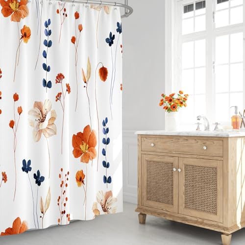 Gibelle Orange Navy Beige Watercolor Floral Fabric Shower Curtain, 72x72