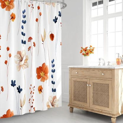Gibelle Orange Navy Beige Watercolor Floral Fabric Shower Curtain, 72x72