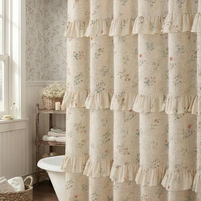 Floral Farmhouse Vintage French Country Ruffle Linen Shower Curtain 72Wx72H