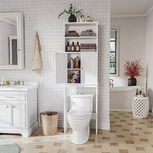 Over the Toilet Storage Cabinet for Bathroom, Extra Tall Over Toilet Storage, Space Saver W/Adjustable Shelf & Open Storage Shelf, 75in, White