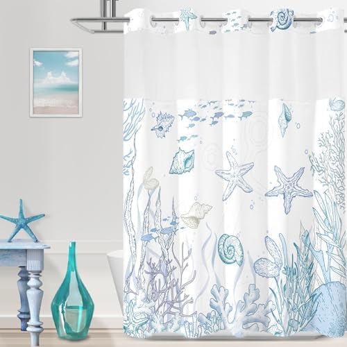 No Hook Shower Curtain and Liner Set for Bathroom, Blue Beach Coastal 71x74