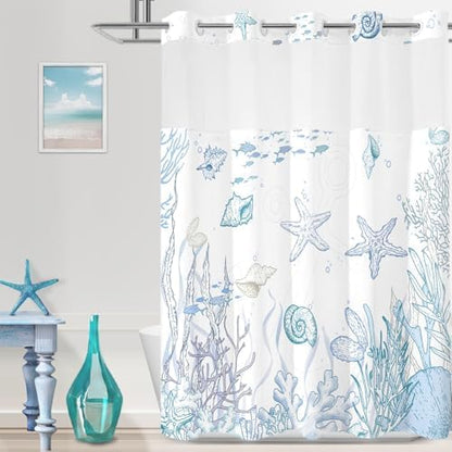 No Hook Shower Curtain and Liner Set for Bathroom, Blue Beach Coastal 71x74
