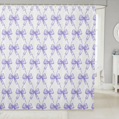 jejeloiu Purple Bow Shower Curtain 72"x72" Cute Bowknot Bath Curtain Boys Girls Kawaii Bathroom Shower Curtain Set for Kids Women Men Bow and Stripes Kids Bathroom Accessories