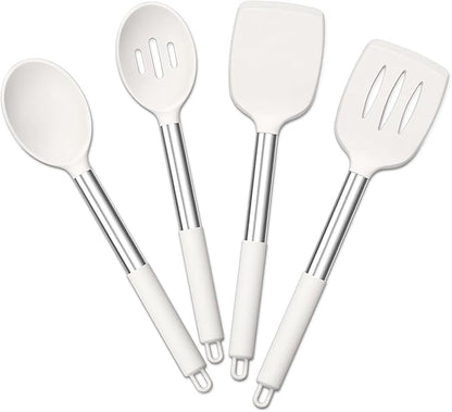 E-far Cooking Utensils Set of 4, Silicone Kitchen Utensils for Non-stick Cookware, Heat Resistant & Non-toxic Slotted Spatula Solid Spoon Turner for Flipping Mixing Serving Basting(White)
