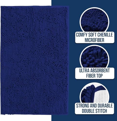 Muddy Mat® | Chenille Bathroom Rugs Quick Dry Microfiber Mats Non Slip Washable, Extra Thick, Soft and Highly Absorbent Bath Mats for Bathroom, Kitchen, and Shower Floor - Navy Blue 24"x36"