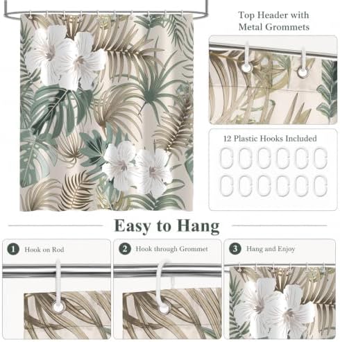 Tropical Shower Curtain for Bathroom, Green Palm Tree Flower Plant Boho Leaf Banana Monstera Sage Beige Shower Curtains Set, Fabric Bathroom Accessories with Hooks 60x72 Inch