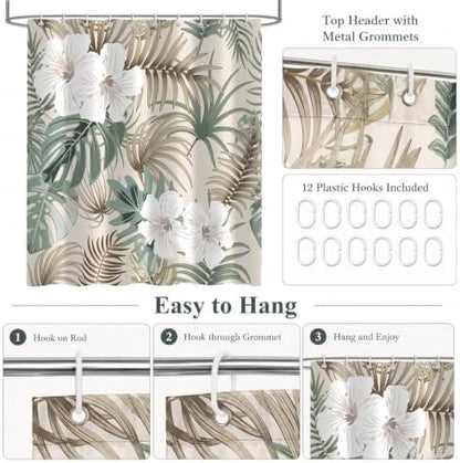 Tropical Shower Curtain for Bathroom, Green Palm Tree Flower Plant Boho Leaf Banana Monstera Sage Beige Shower Curtains Set, Fabric Bathroom Accessories with Hooks 60x72 Inch