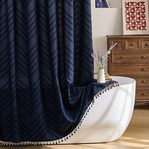Siiluminisoy Extra Long Boho Navy Blue Shower Curtain, Woven Fabric Shower Curtain, Tufted Chevron Striped, 72 x 78, Modern Chic Textured Minimalist Bathroom Cloth Shower Curtains