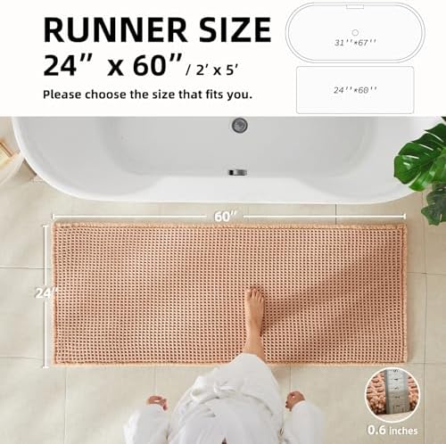 TYUU Waffle Runner Rug Bathroom, Long Boho Bath Mat, 60x24 Light Peach