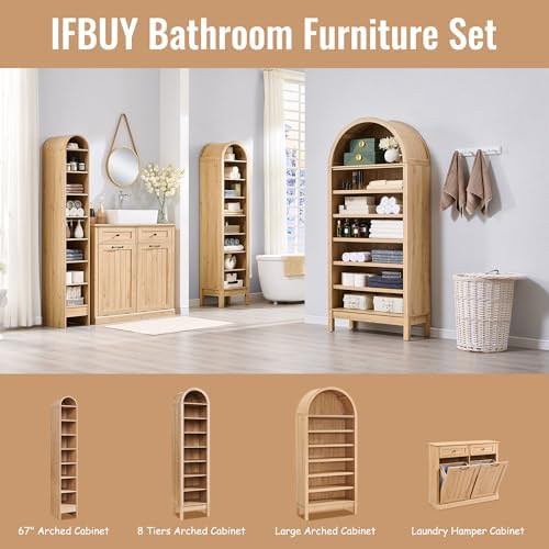 IFBUY 67" Tall Arched Bathroom Storage Cabinet, 8-Tier Modern Farmhouse Storage Cabinet with Adjustable Shelves, Wood Freestanding Cabinet for Bathroom, Living Room, Entryway, Hallway (Natural)