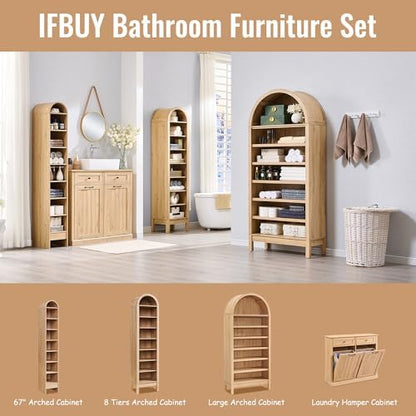 IFBUY 67" Tall Arched Bathroom Storage Cabinet, 8-Tier Modern Farmhouse Storage Cabinet with Adjustable Shelves, Wood Freestanding Cabinet for Bathroom, Living Room, Entryway, Hallway (Natural)