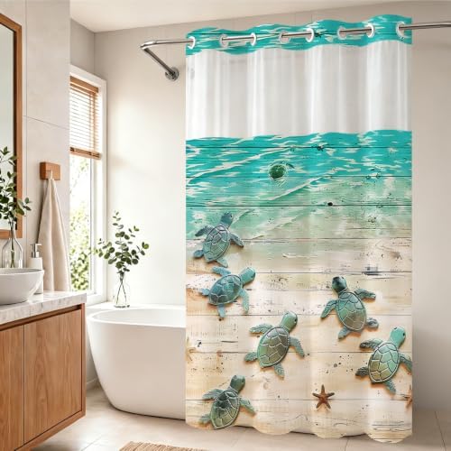 Nautical Green Beach Sea Turtle Theme No Hook Waffle Weave Shower Curtain with Snap in Liner Nautical Blue Bathroom Ocean Set 60 W x 74 H Inch Blue