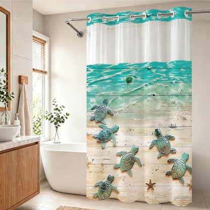 Nautical Green Beach Sea Turtle Theme No Hook Waffle Weave Shower Curtain with Snap in Liner Nautical Blue Bathroom Ocean Set 60 W x 74 H Inch Blue