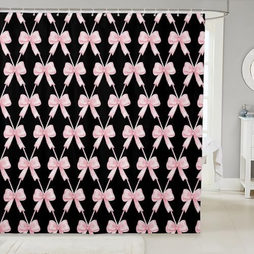 jejeloiu Cute Bow Bathroom Accessories 72"x72" Pink Black Bowknot Shower Curtain for Bathroom Decor Kawaii Girls Bath Curtain Waterproof Polyester Fabric with 12 Hooks for Stalls Bathtubs Princess
