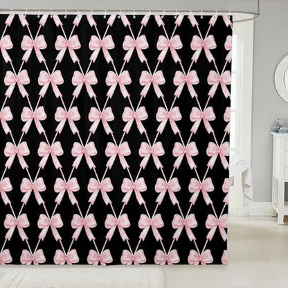 jejeloiu Cute Bow Bathroom Accessories 72"x78" Pink Black Bowknot Shower Curtain for Bathroom Decor Kawaii Girls Bath Curtain Waterproof Polyester Fabric with 12 Hooks for Stalls Bathtubs Princess
