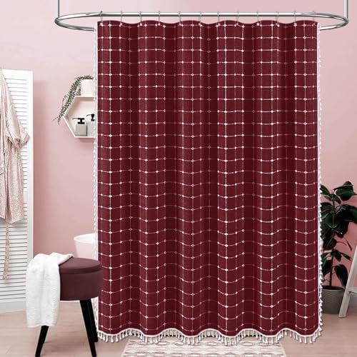 BTTN 72x78 Boho Farmhouse Linen Heavy Duty Fabric Shower Curtain, Burgundy