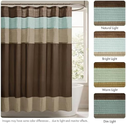 Madison Park Amherst Bathroom Shower Curtain Faux Silk Pieced Striped Modern Microfiber Bath Curtains, 72x72" Inches, Blue