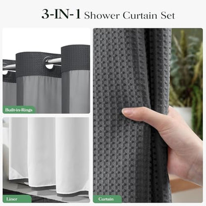 Dynamene Charcoal Grey Hook Free Waffle Shower Curtain & Snap Liner,36x75