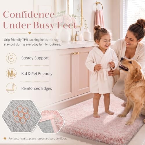 Yimobra Light Pink and White Bathroom Rugs Non Slip Washable, Ultra Soft and Water Absorbent Bath Mats, Plush Fluffy Shower Mat Outside, Microfiber Thick Matts for Bathroom Floor/Sink, 24x17