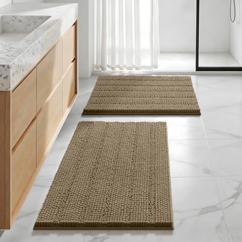 Bcoimo Bath Rugs Mat Set,2 Piece Non Slip Chenille Latte Bathroom Mat Sets