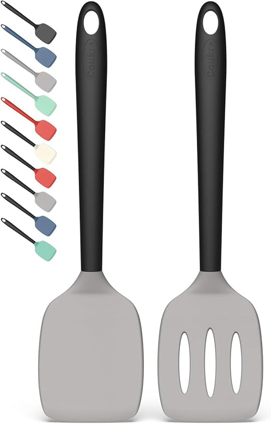 Coukre 2 Pack Silicone Spatula Set, High Heat Resistant, BPA Free Kitchen Spatula, Solid & Slotted Turner for Non-Stick Pans, Sautéing, and Flipping (2, GrayBlack)