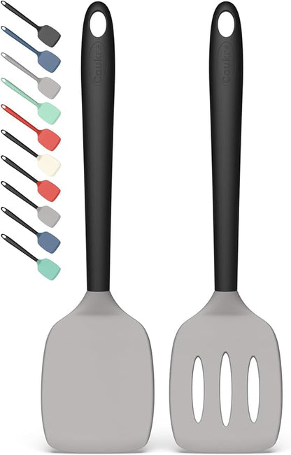 Coukre 2 Pack Silicone Spatula Set, High Heat Resistant, BPA Free Kitchen Spatula, Solid & Slotted Turner for Non-Stick Pans, Sautéing, and Flipping (2, Gray)