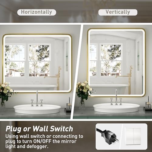 30x36 Inch LED Gold Frame Bathroom Mirror, ETL Listed