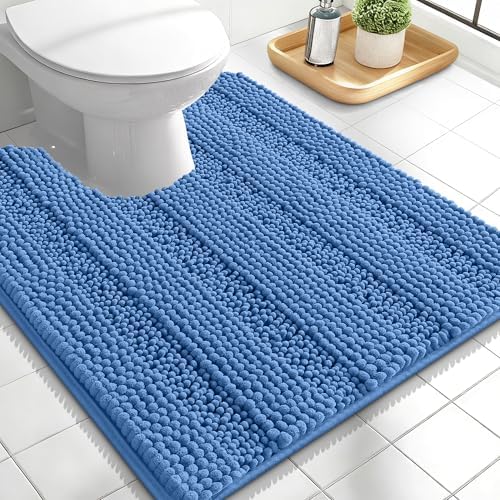 OLANLY Thick Toilet Rugs U-Shaped 24x20, Chenille Bath Mat, Cornflower Blue
