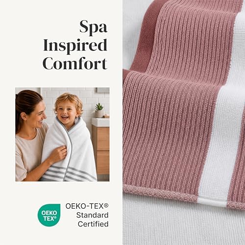 Modern Threads 6 Piece Bath Towel Set – Bathroom Towel Set with 2 Bath Towels, 2 Hand Towels & 2 Washcloths – 100% Cotton, Soft & Absorbent – Classic Border Stripe (Rose)
