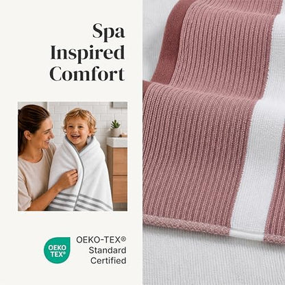 Modern Threads 6 Piece Bath Towel Set – Bathroom Towel Set with 2 Bath Towels, 2 Hand Towels & 2 Washcloths – 100% Cotton, Soft & Absorbent – Classic Border Stripe (Rose)