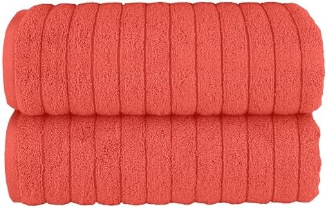 Elegant Comfort 100% Turkish Cotton Corduroy Ribbed Luxury Soft 2 Pack Bath Towels 27 x 54 Inch - Ultra Plush, Absorbent, Quick Dry, Hotel Spa Quality Towels for Bathroom Essentials, Coral