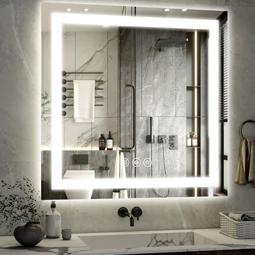 XRAMFY 47"X47" LED Bathroom Mirror, Backlit + Front Lit Wall Mirror