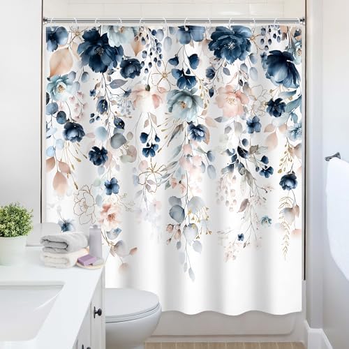 Extra Long Flower Spring Blue Pink Bathroom Shower Curtain Set