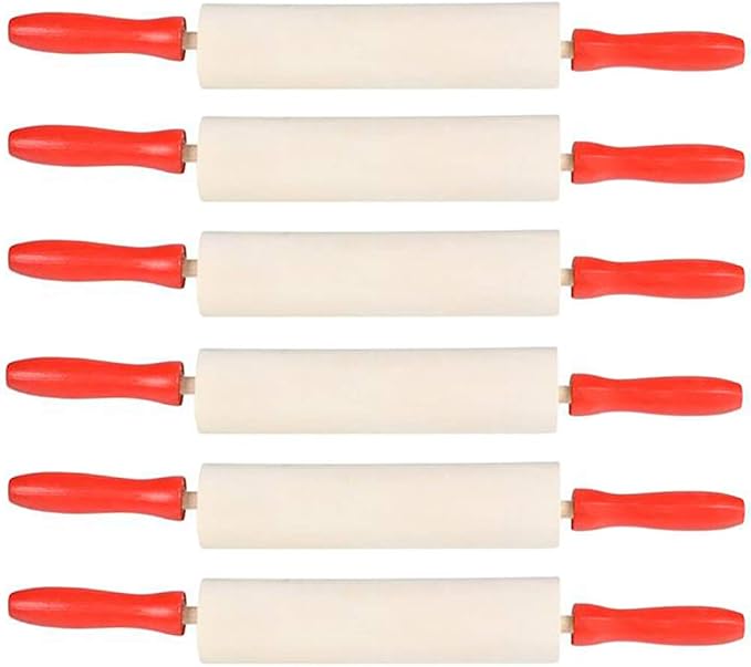 The Dreidel Company Mini Rolling 7.5 Inch 6-Pack Rolling Pin for Play Dough - Wood Kids Rolling Pin For Little Bakers, With Red Handles Arts and Crafts Clay Roller, 7.5" (Pack of 6)