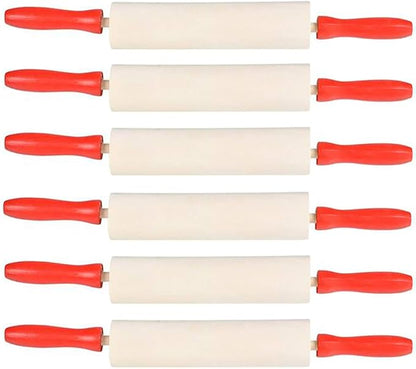 The Dreidel Company Mini Rolling 7.5 Inch 6-Pack Rolling Pin for Play Dough - Wood Kids Rolling Pin For Little Bakers, With Red Handles Arts and Crafts Clay Roller, 7.5" (Pack of 6)