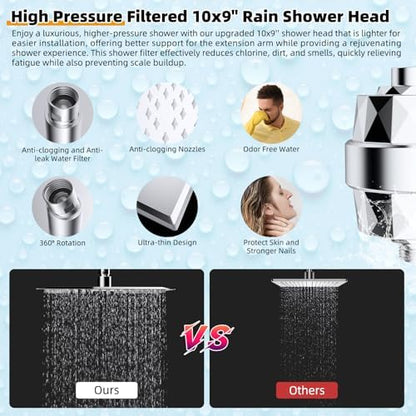 Hibbent All Metal 10'' Filtered Rainfall Shower Head with Handheld Combo, High Pressure Shower Wand, 16'' Adjustable Arc Extension Arm, 20 Stage Shower Filter, 71'' Hose, Shower Head Holder, Chrome