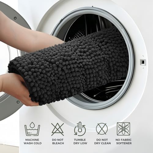 Bcoimo Bath Rug Mat, 48x30 Chenille Non Slip Black Long Bathroom Runner Rug