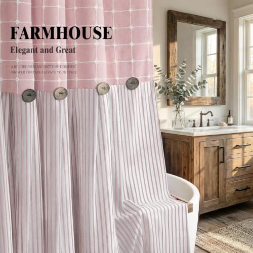 Farmhouse Shower Curtain Button Plaid-Pink-Pink Stripe 72"W x 72"L