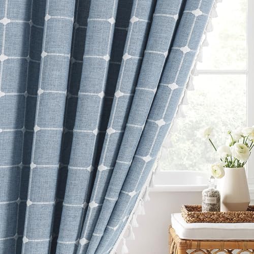 Boho Farmhouse Classic Plaid Linen Tassel Shower Curtain Blue,72x84