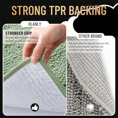 OLANLY Thick Bathroom Rugs 36x24, Chenille Striped Bath Rugs, Sage Green